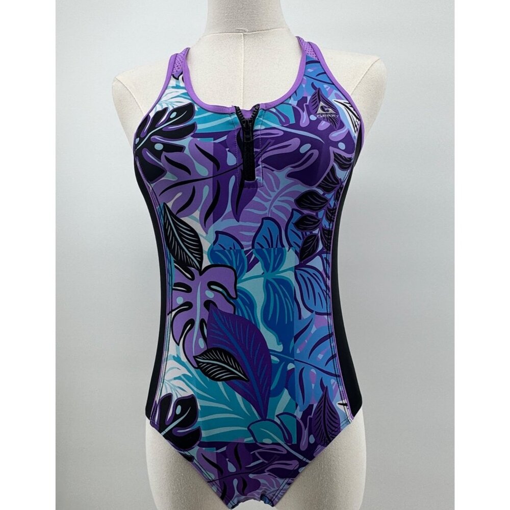Gerry Girls Festival Zip Front 1-Piece Swimsuit Large 14 Racerback Purple Black